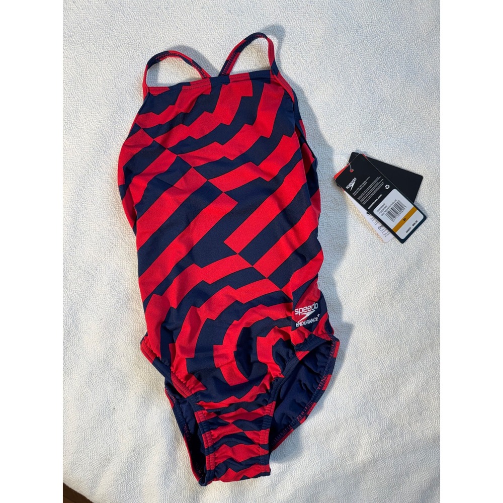 Speedo Endurance+ Girls One Piece Swimsuit Red Navy Blue Geometric Size 24 NEW
